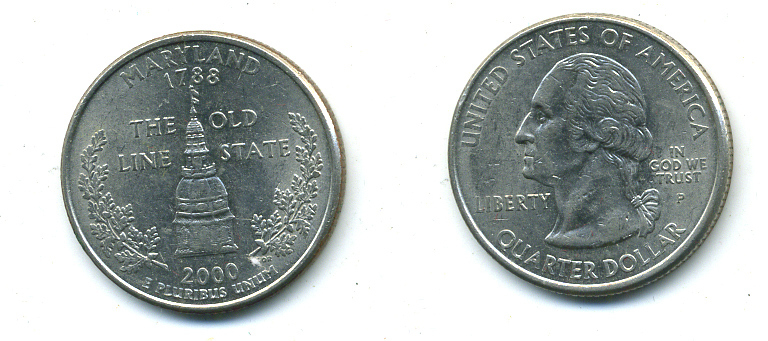 США 25 центов = квотер 2000 Р, серия штаты США, Мэриленд KM 306 медь плакированная медно-никелем 4388-756