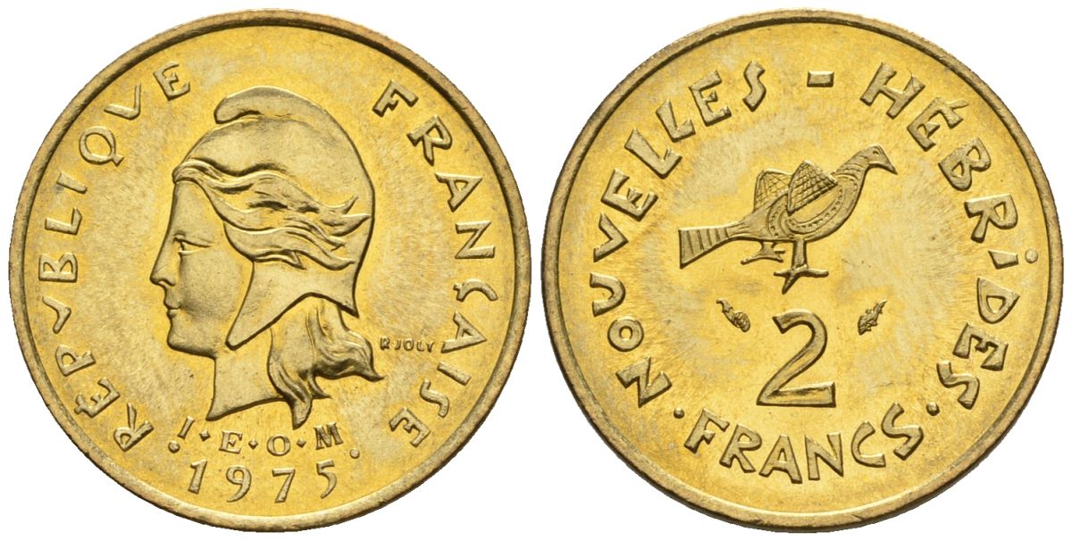 Французские Новые Гебриды 2 франка 1975 заморские территории KM 5.2 никель-латунь  aUNC  4609-938