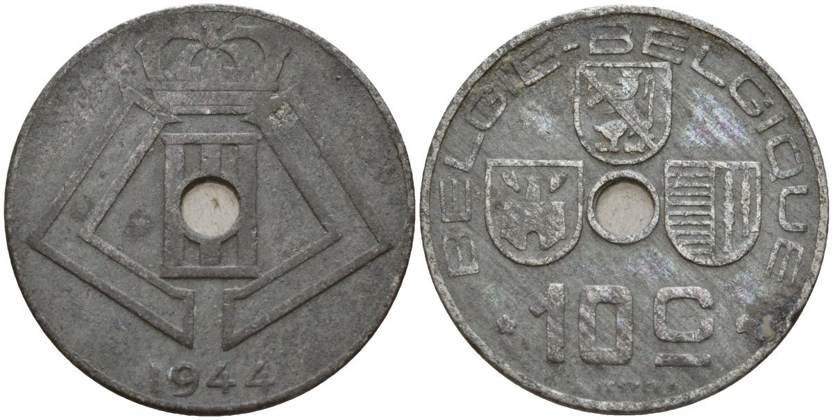 Бельгия 10 сантимов 1944 Belgie - Belgique, Леопольд III (1934-1947), германская оккупация, Вторая мировая война KM 126 цинк 4161-344