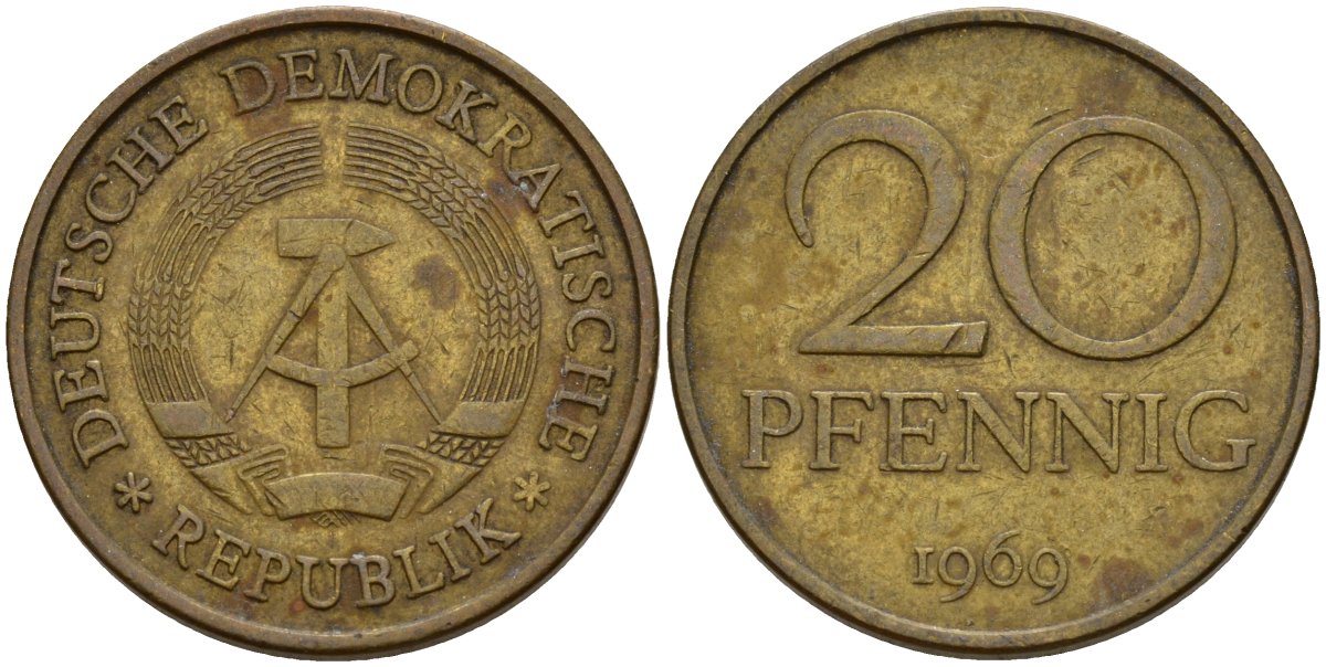 ГДР 20 пфеннигов 1969 A, первый год KM 11 латунь 92-517