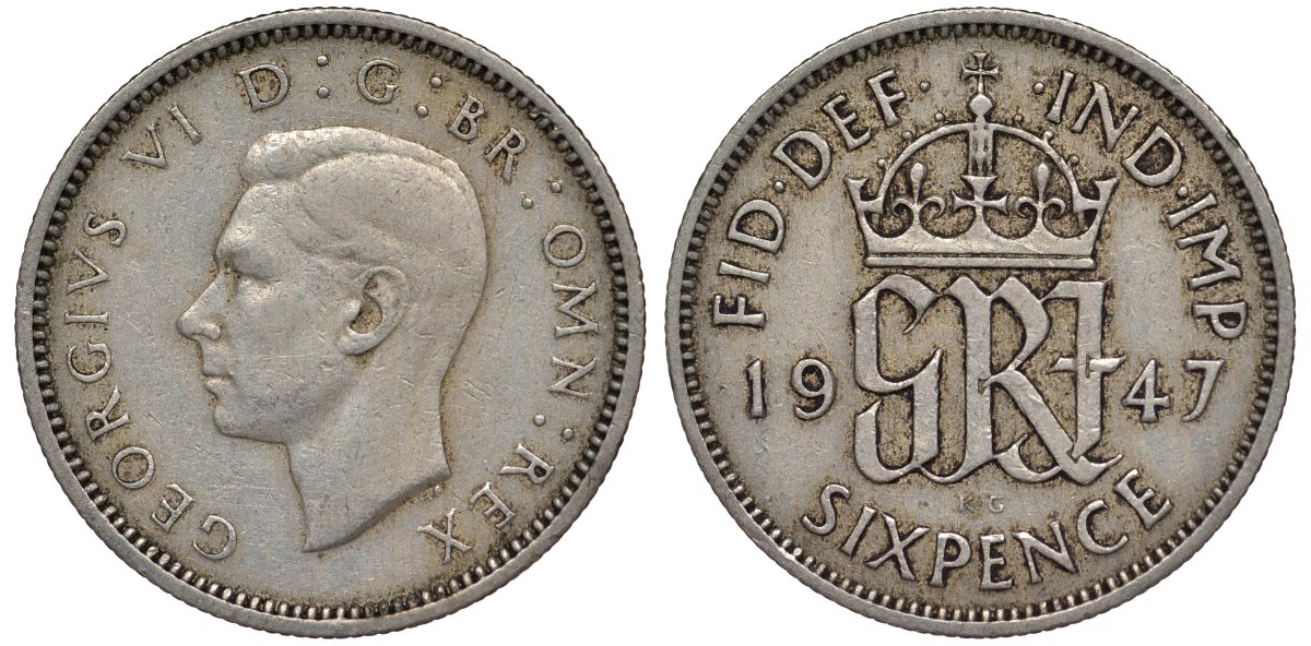 Великобритания 6 пенсов 1947 Георг VI (1936-1952) KM 862, Spink 4105 медно-никель 4128-822