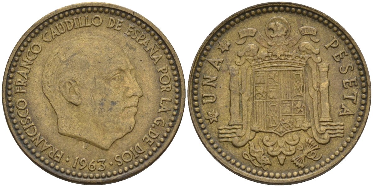 Испания 1 песета 1963 (65) Франсиско Франко (1939-1975) KM 775 алюминиевая бронза 4155-341