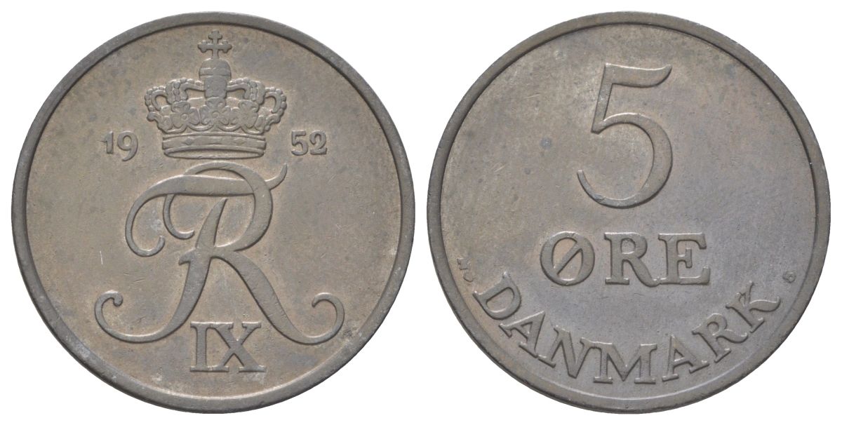 Дания 5 эре 1952 N; S, Фредерик IX (1947-1972) KM 843.1 цинк 4628-935
