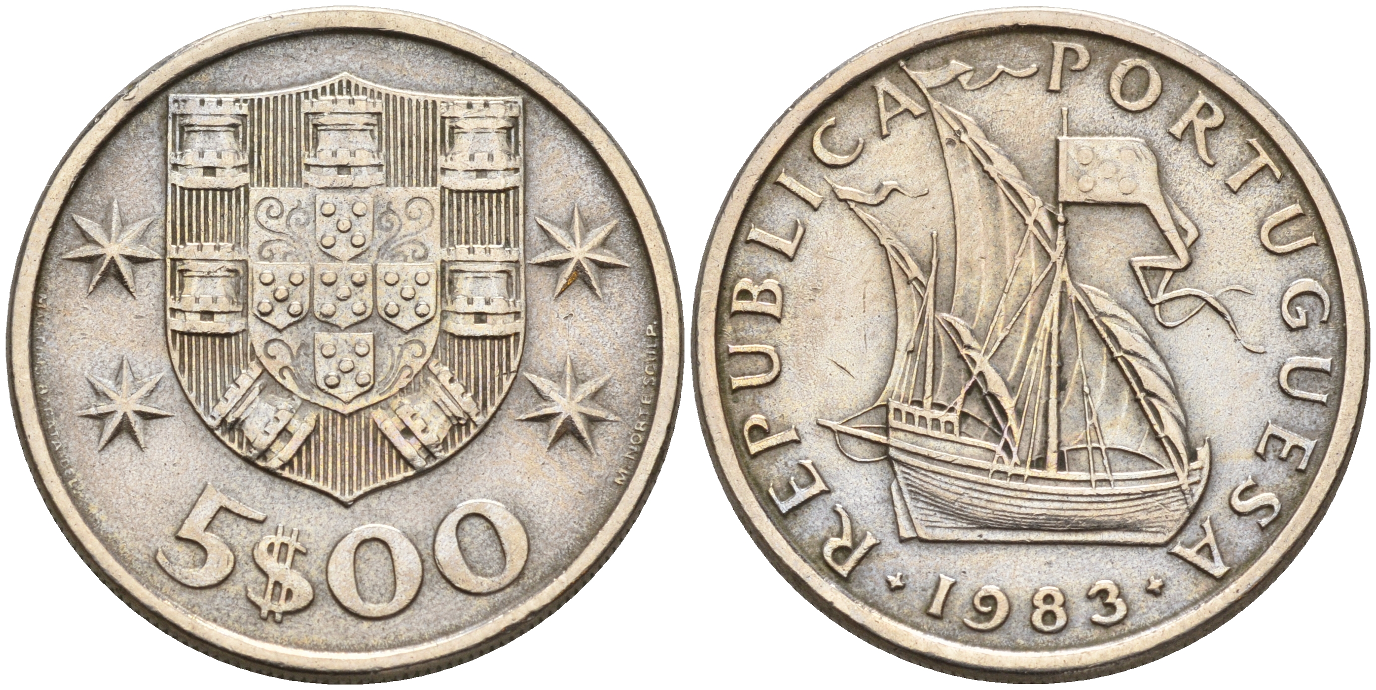 Португалия 5 эскудо 1983 парусник KM 591 медно-никель    4161-815