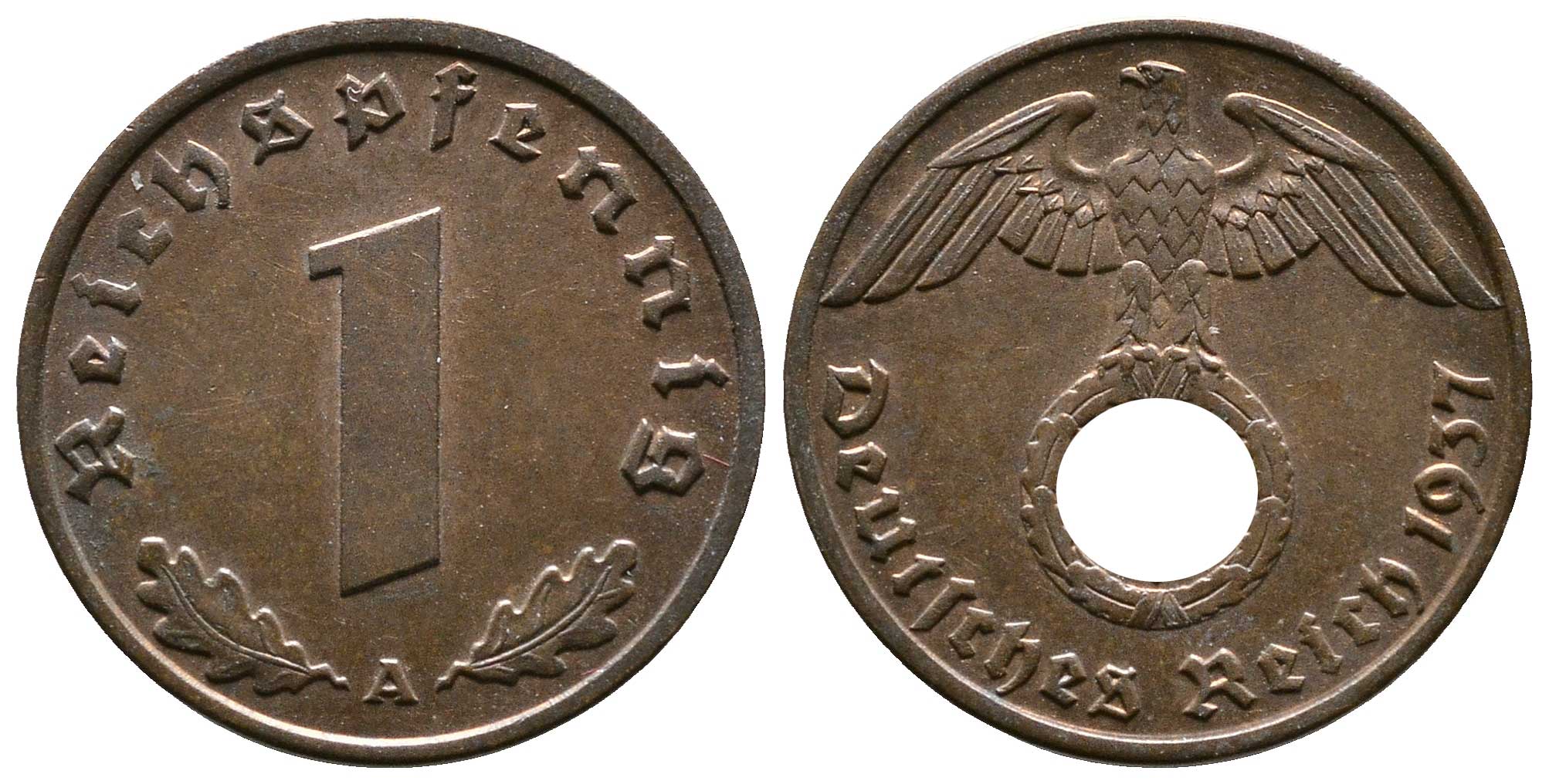 Германия 1 рейхспфенниг 1937 A KM 89, J. 361 бронза    220-214