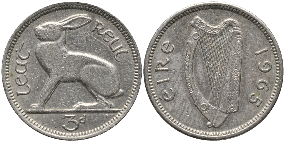 Ирландия 3 пенса 1965 заяц KM 12а медно-никель 4387-1044