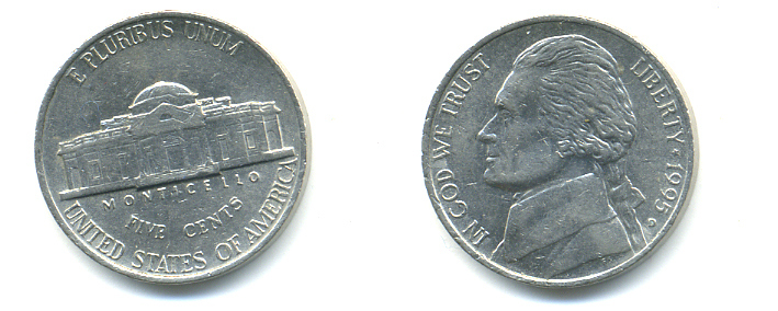 США 5 ЦЕНТОВ 1995 D, ДЖЕФФЕРСОН KM А192 медно-никель 179-753