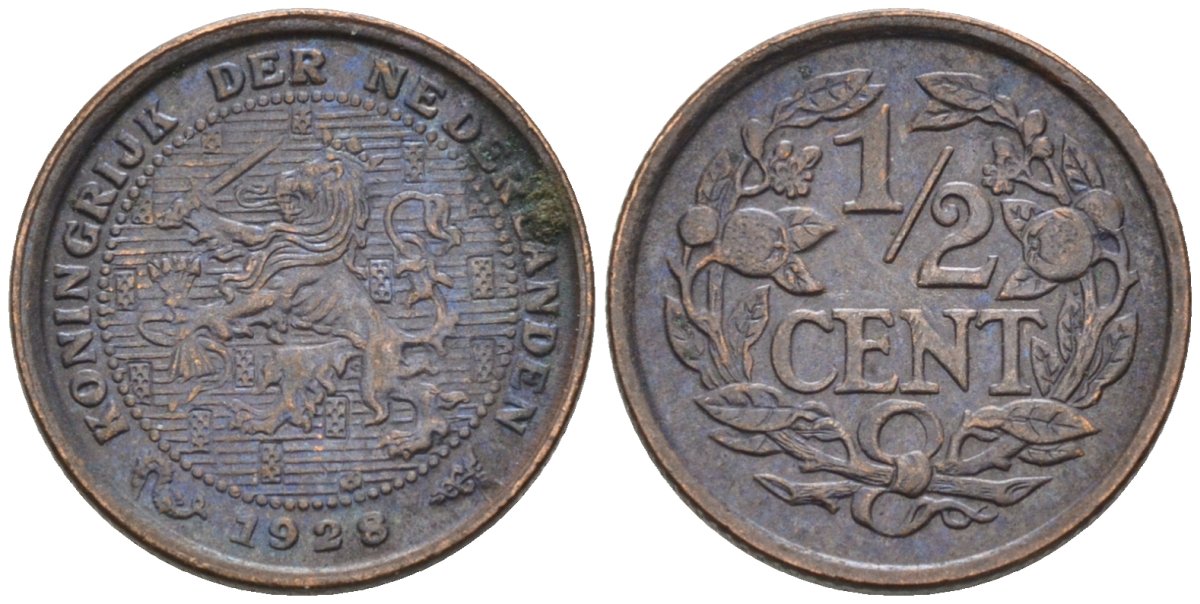 Нидерланды 1/2 цента 1928 Вильгельмина (1890-1948) KM 138 бронза 4576-448