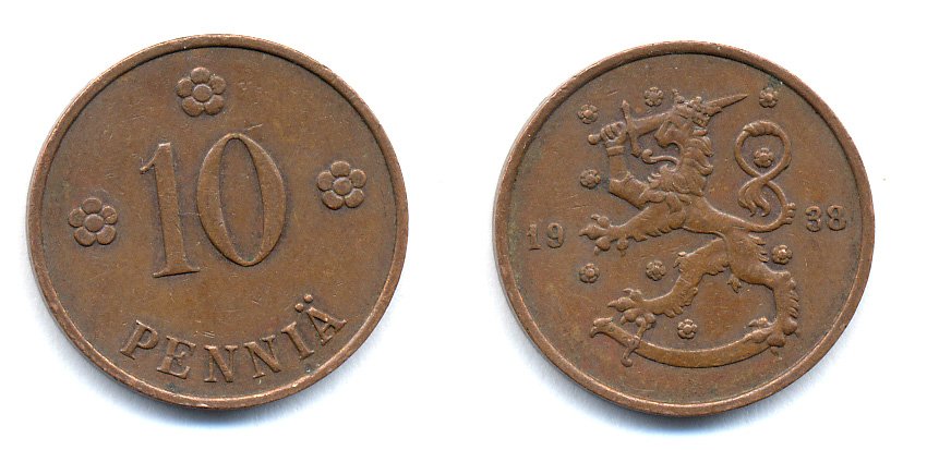 Финляндия 10 пенни 1938 KM 24 медь 51-5643
