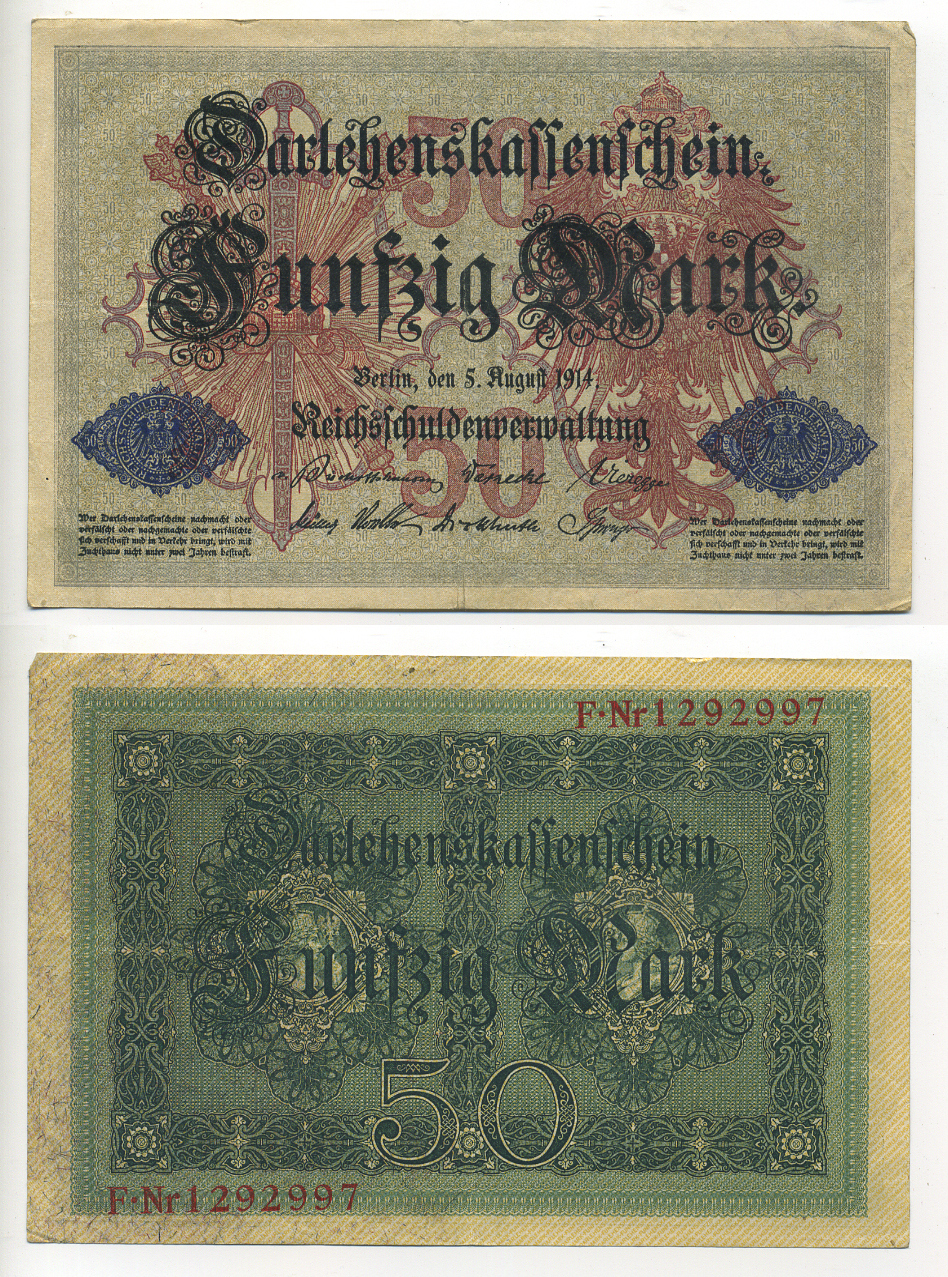 ГЕРМАНИЯ 50 МАРОК 1914 5 АВГУСТА 1914, СЕМИЗНАЧНЫЙ НОМЕР Pick 49b бумага 7183-9-3