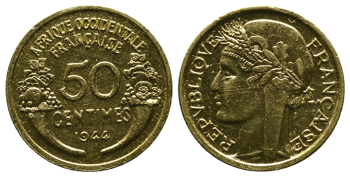 Французская Западная Африка 50 сантимов 1944 редкая KM 1, Lec 1 алюминиевая бронза aUNC 4381-928