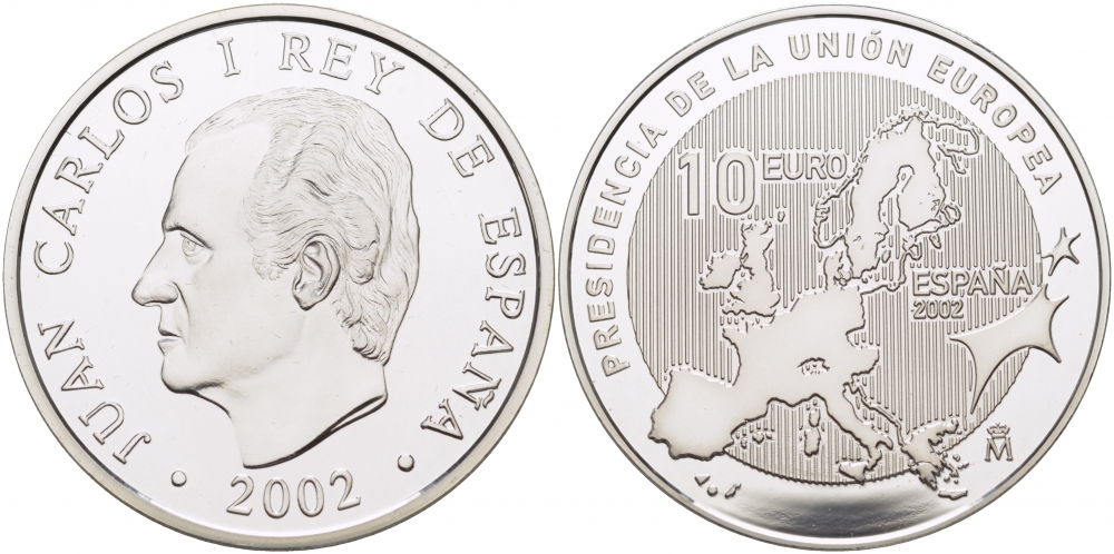 Испания 10 евро 2002 Председательство Испании в Евросоюзе, карта KM 1048 серебро PROOF 11-011-45