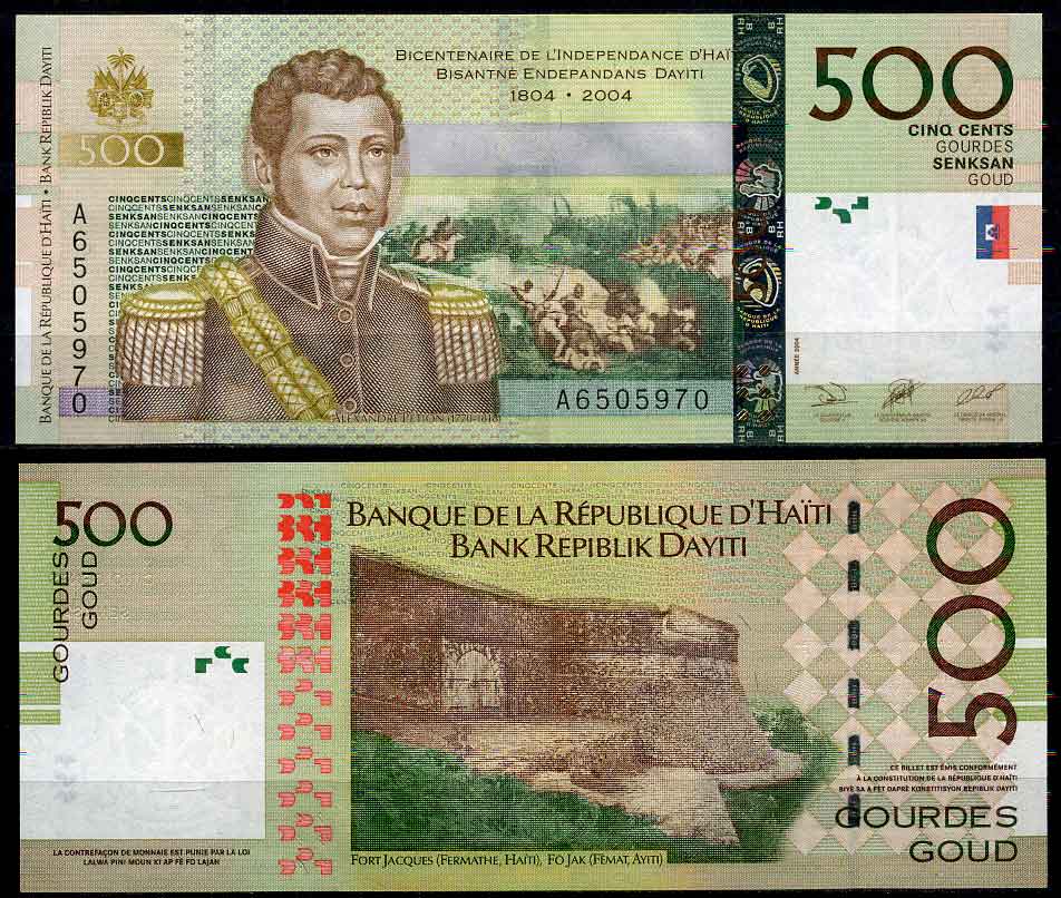 Гаити 500 гурд 2003 юбилейная, 200 лет независимости Гаити (1804-2004), Александр Петион Pick 277a бумага UNC (пресс) 00-00