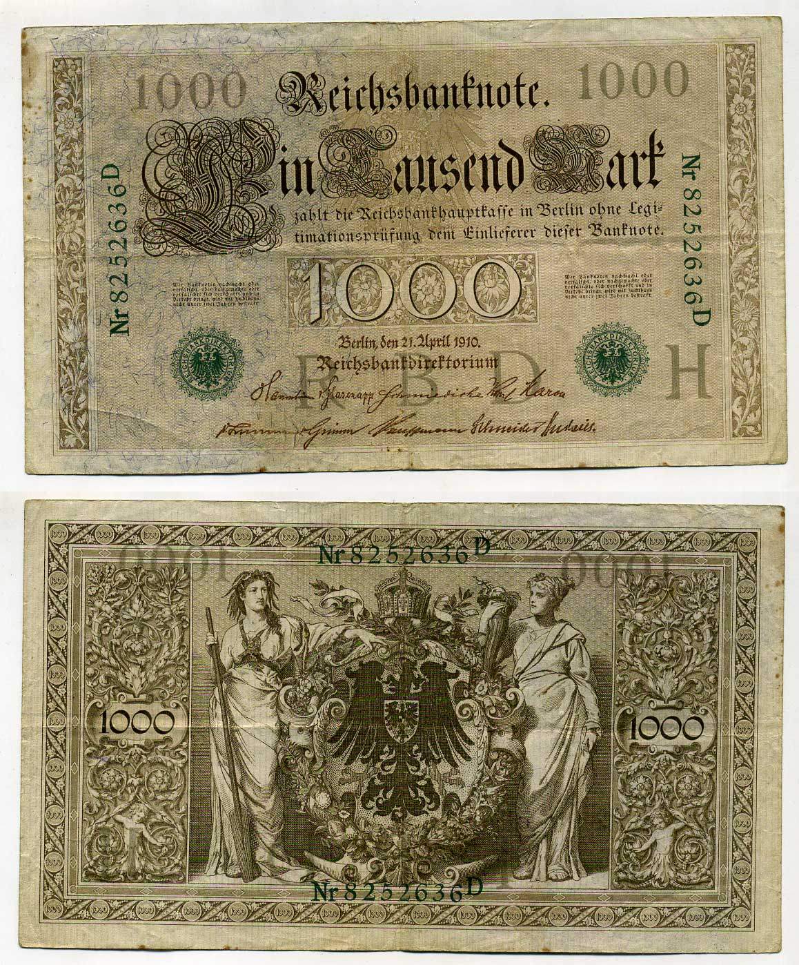 Германия 1000 марок 1910 зеленая печать, 7 значный номер Pick 45 b  бумага   8610-44-1-1