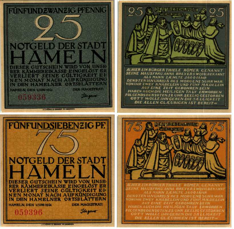 ХАМЕЛЬН НАБОР ИЗ 2 БАНКНОТ (25 И 75 ПФЕННИГОВ) 1921 1 ИЮНЯ И1921, НОТГЕЛЬД, ЗЕМЛЯ НИЖНЯЯ САКСОНИЯ, РЕГИОН ГАМЕЛЬН-ПИРМОНТ Keller 566.1 бумага 6318-24-2-2