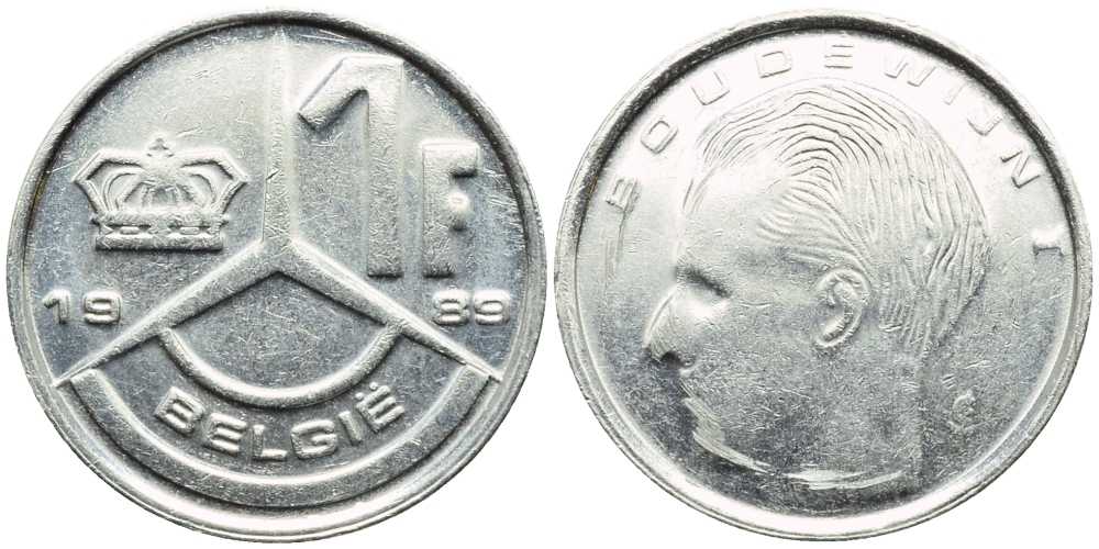 БЕЛЬГИЯ 1 ФРАНК 1989 BELGIE KM 171 железо плакированное никелем 3999-1168