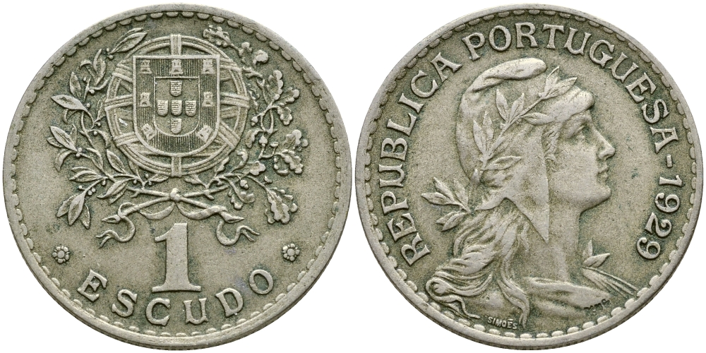ПОРТУГАЛИЯ 1 ЭСКУДО 1929 ГОЛОВА СВОБОДЫ ВПРАВО KM 578 медно-никель 79-1312