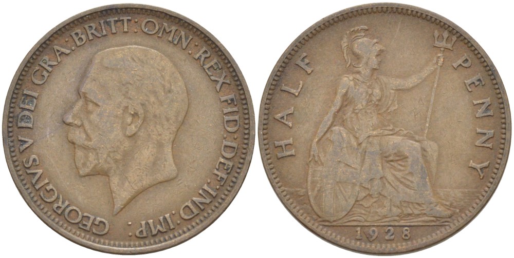 Великобритания 1/2 пенни 1928 Георг V (1910-1936) KM 837, Spink 4058 бронза 4513-434