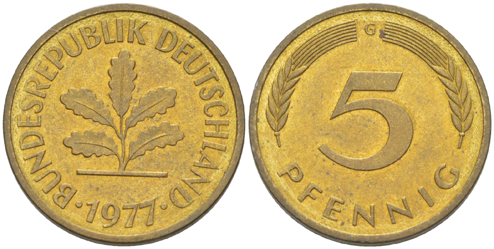 ФРГ 5 ПФЕННИГОВ 1977 G KM 107, J. 382 сталь плакированная латунью 4181-954