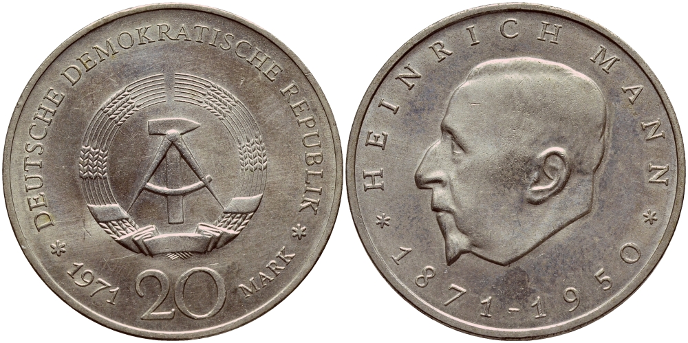 ГДР 20 марок 1971 А, 100 лет со дня рождения Генриха Манна (1871-1950) KM 33, J. 1531 медно-никель aUNC 1518-141