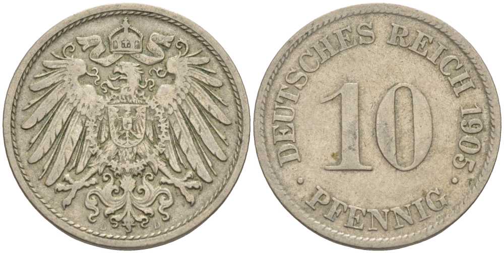 Германия 10 пфеннигов 1905 D KM 12, J. 13 медно-никель 34-326