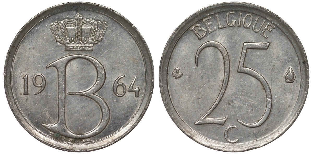 Бельгия 25 сантимов 1964 BELGIQUE KM 153 медно-никель 4124-543