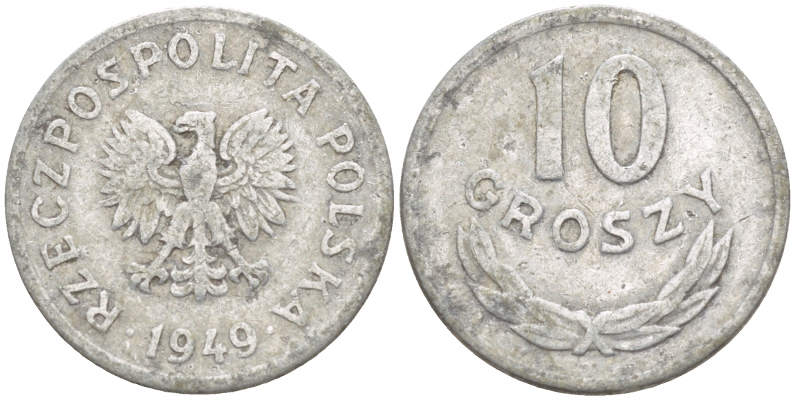 ПОЛЬША 10 ГРОШЕЙ 1949 KM 42а алюминий 4549-254