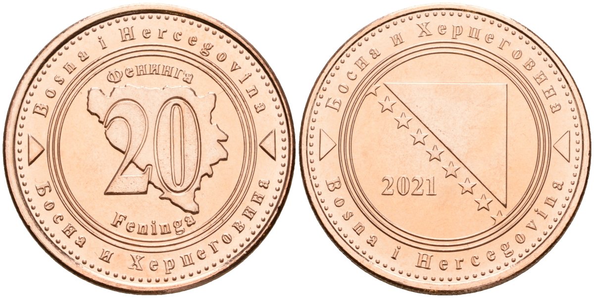 Босния и Герцеговина 20 фенигов 2021 KM 116 сталь плакированная медью UNC 4514-1034