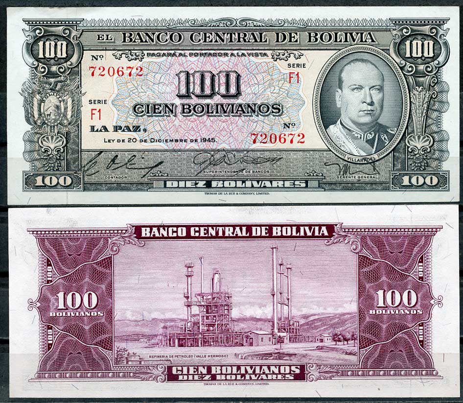 Боливия 100 боливиано 1945 серия F1, Гуальберто Вильярроэль, нефтеперерабатывающий завод, Валле-Эрмосо Pick 147 (6)  бумага  UNC (пресс) 7487-32-2-1