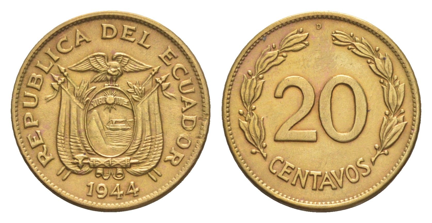 Эквадор 20 сентаво 1944 KM 77.1a латунь aUNC 4640-1217