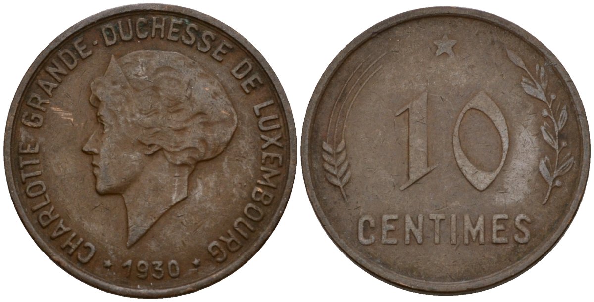 Люксембург 10 сантимов 1930 Шарлотта (1918-1964) KM 41 бронза 4577-556