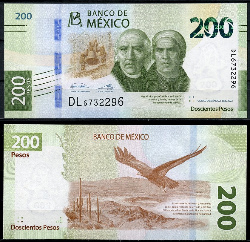 Мексика 200 песо 2022 колокол, Мигель Идальго-и-Костилья, Хосе Мария Морелос, орел, 5 января 2022 Pick 135 (1-2022-2)  бумага  UNC (пресс) 00-00