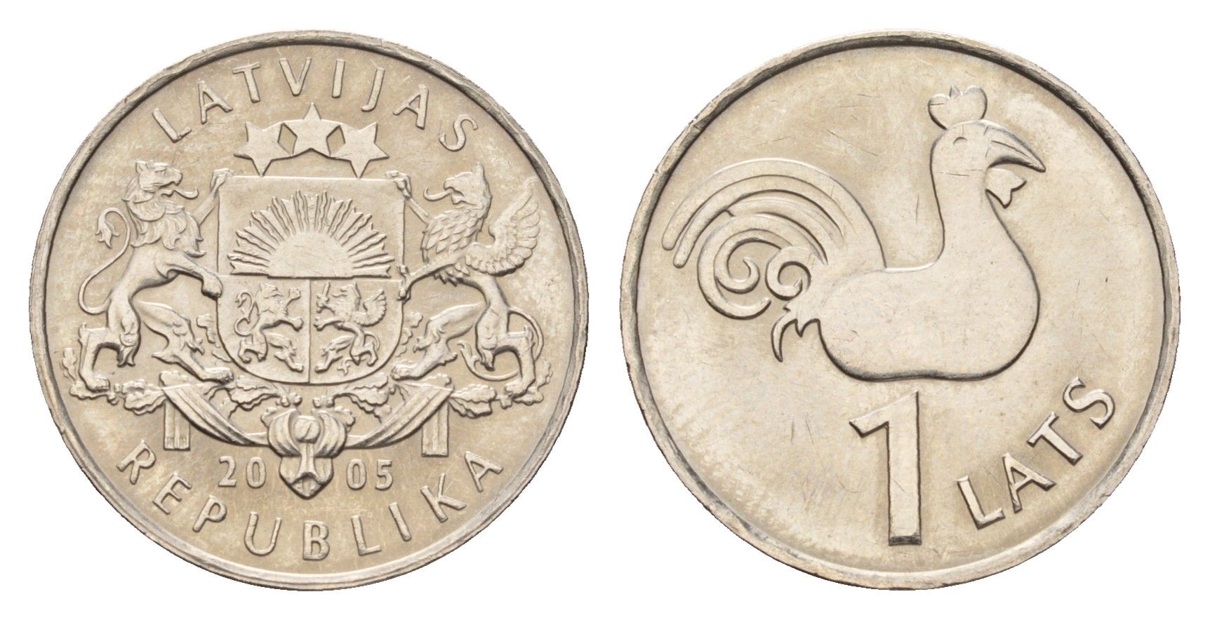 Латвия 1 лат 2005 Петух церкви Святого Петра KM 65 медно-никель UNC 4679-322