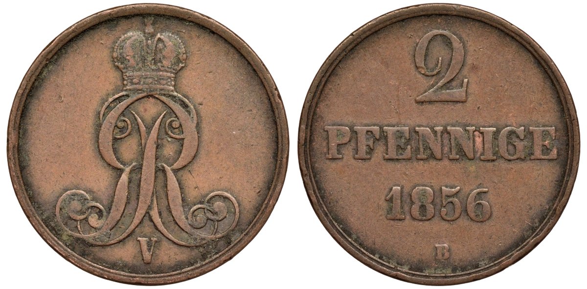 Брауншвейг-Каленберг-Ганновер 2 пфеннига 1856 B, Георг V (1851-1866) KM 217,  AKS152, J. 84 медь 4142-153