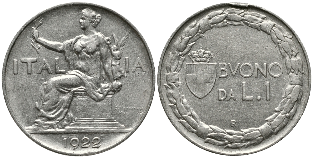 ИТАЛИЯ 1 ЛИРА 1922 R, ВИКТОР ИМАНУИЛ III (1900-1946) KM 62 никель 34-1237