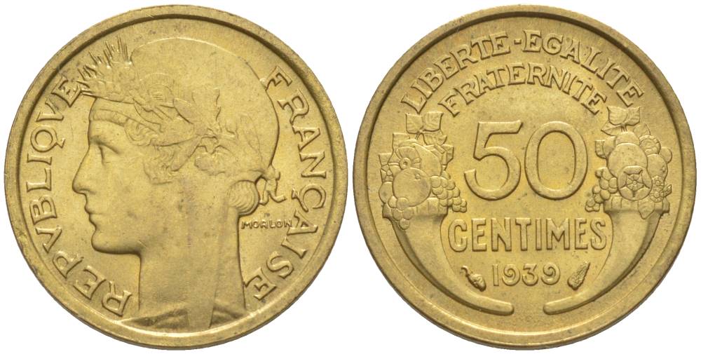 ФРАНЦИЯ 50 САНТИМОВ 1939 ТИП MORLON KM 894.1, LE FRANC 192.15 алюминиевая бронза 44-861