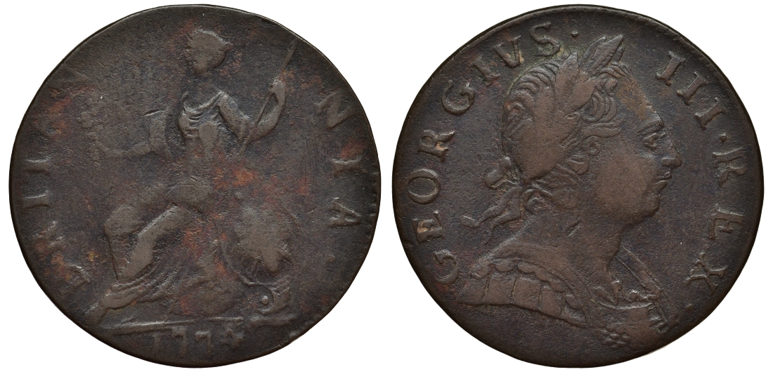 Великобритания 1/2 пенни 1774 Георг III (1760-1820) KM 601, Spink 3774 медь 1523-941