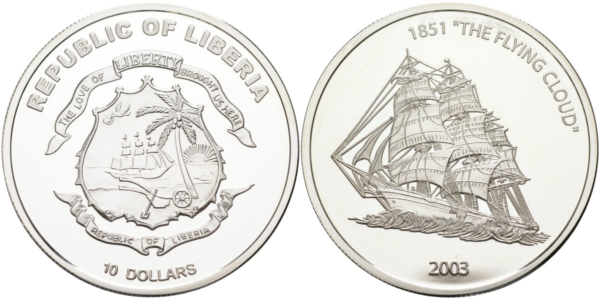 Либерия 10 долларов 2003 парусное судно "The Flying Cloud" 1851 год (летающее облако) KM 708 серебро PROOF 1095-8-62