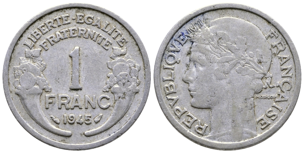 ФРАНЦИЯ 1 ФРАНК 1945 KM 885а.1 алюминий 80-1053