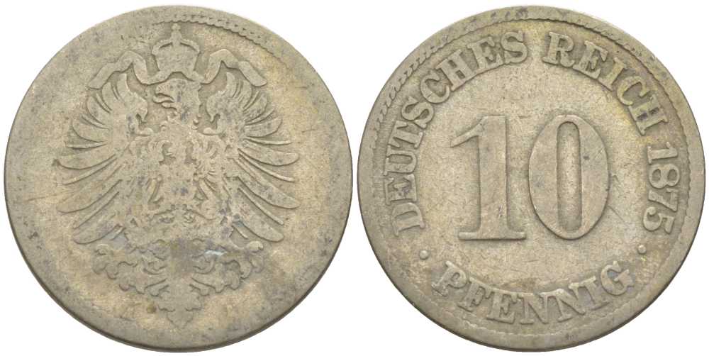 ГЕРМАНИЯ 10 ПФЕННИГОВ 1875 А, СТАРОГЕРБОВКА KM 4, J. 4 медно-никель 210-622