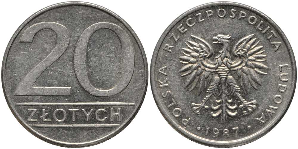 ПОЛЬША 20 ЗЛОТЫХ 1987 MW KM 153.1 медно-никель 180-436