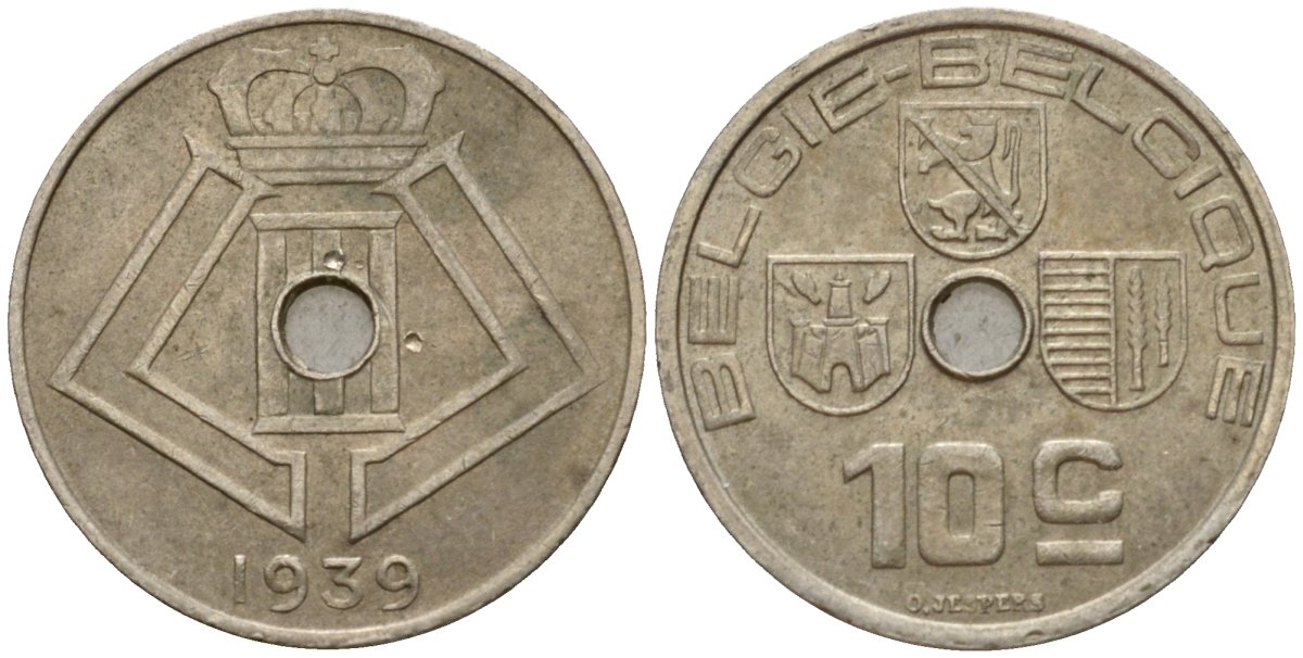 Бельгия 10 сантимов 1939 Belgie - Belgique KM 113 никель латунь 39-1159