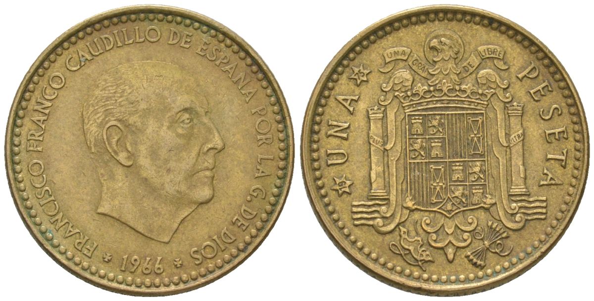 Испания 1 песета 1966 (75) Франсиско Франко (1939-1975) KM 796 алюминиевая бронза 4617-1144