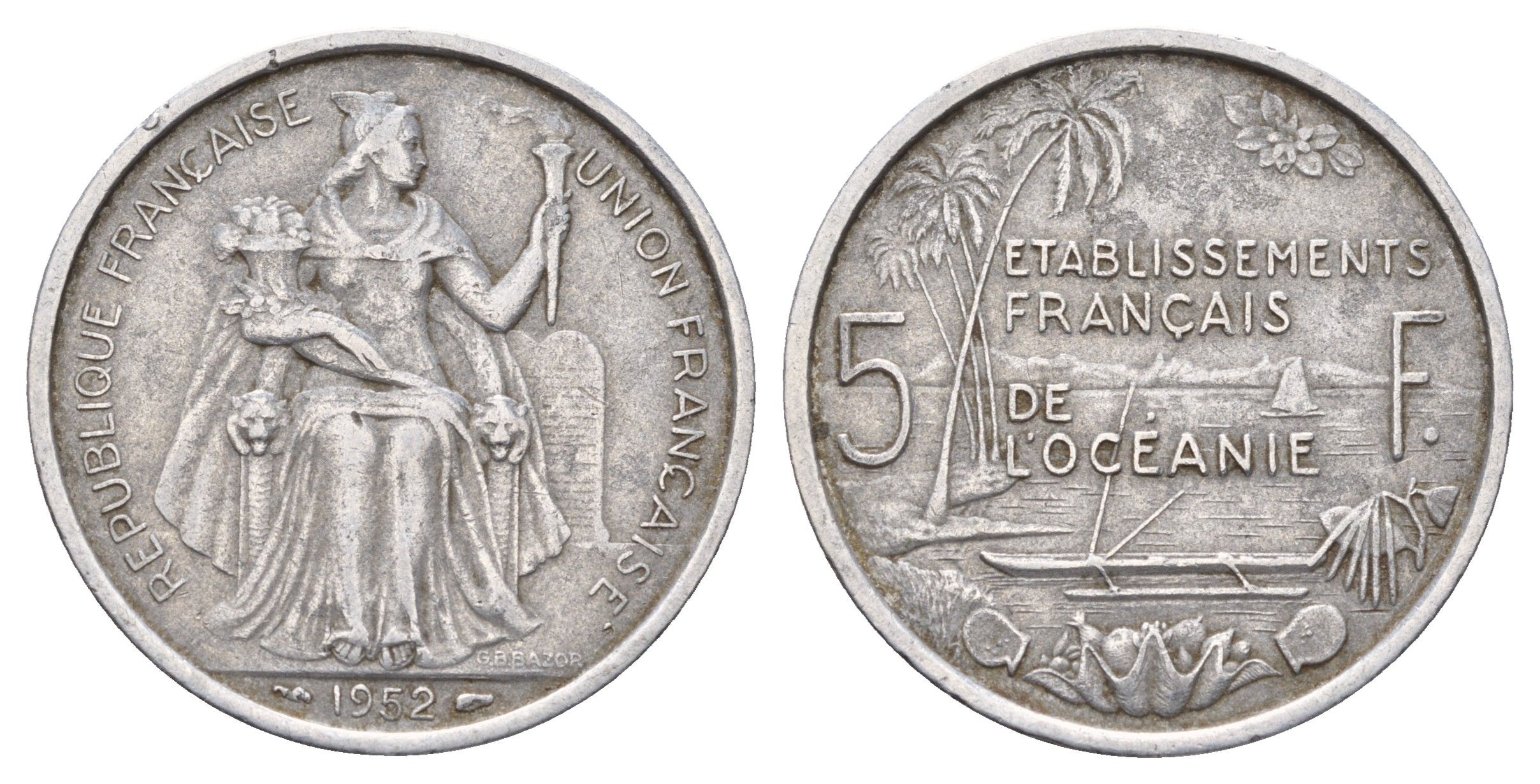 Французская Океания 5 франков 1952 год-тип KM 4 алюминий 180-1233