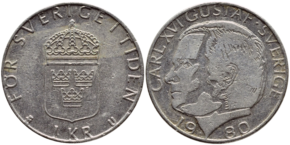 Швеция 1 крона 1980 Карл XVI Густав (1973- ) KM 852 медь плакированная медно-никелем 4397-945