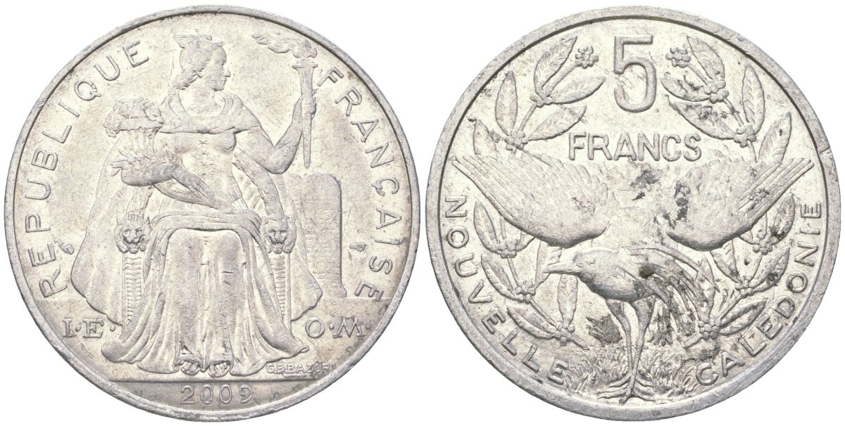 Французская Новая Каледония 5 франков 2009 птица кагу, (IEOM) KM 16, Schoen 12, Lec 81k алюминий 221-841