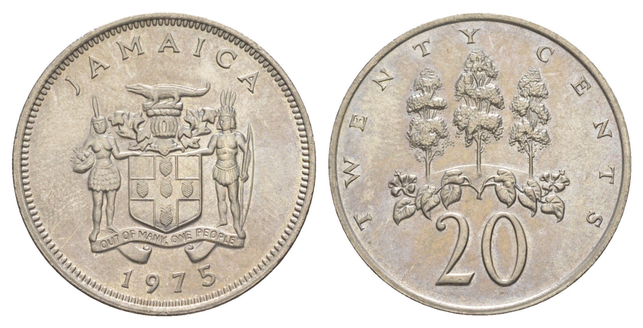 Ямайка 20 центов 1975 редкий год, тираж 10.000 экземпляров KM 48 медно-никель UNC 25-614