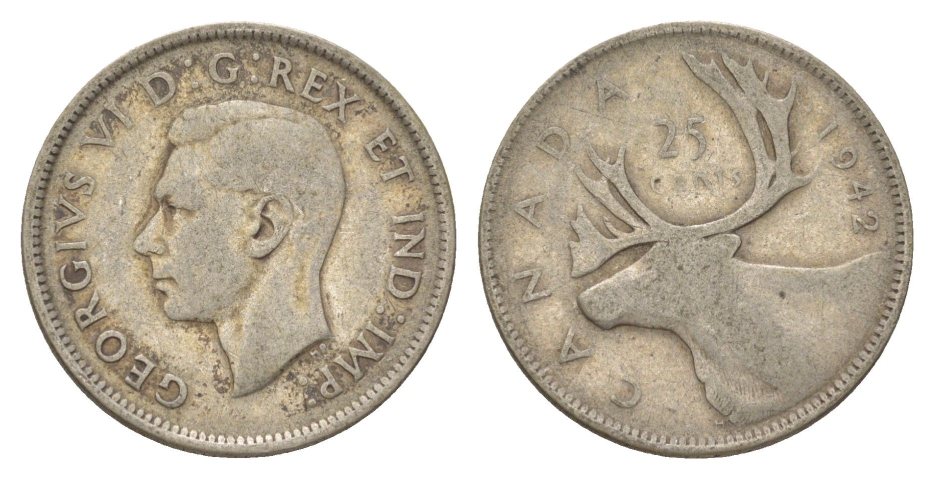 Канада 25 центов 1942 Георг VI (1936-1952), олень KM 35 серебро 4622-814