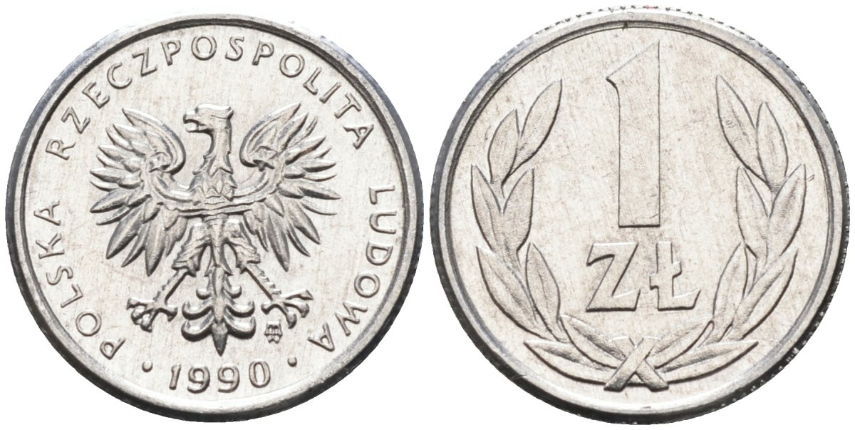Польша 1 злотый 1990 MW, Народная Республика KM 49.3, Parchimowicz 215b алюминий UNC 4580-726
