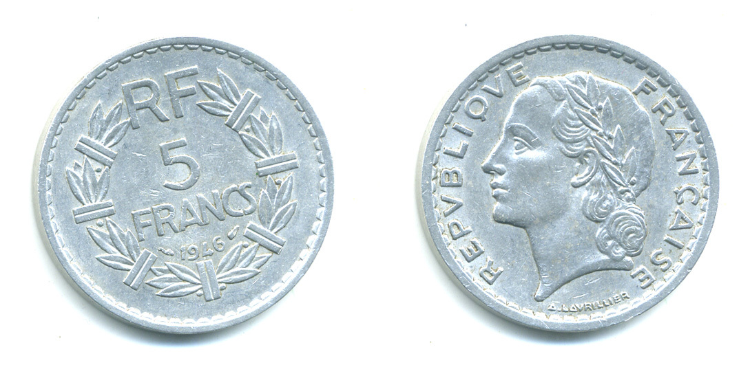ФРАНЦИЯ 5 ФРАНКОВ 1946 KM 888b.1 алюминий 4383-513